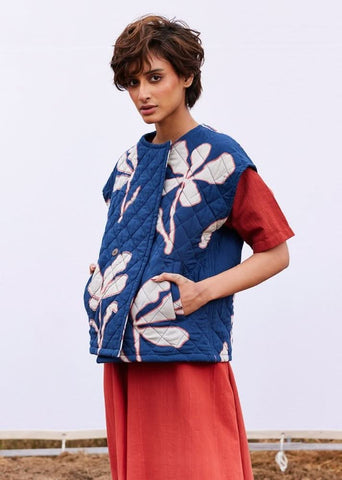A Model Wearing Multicolor,Pure Cotton Aster Vest Jacket curated by Only Ethikal