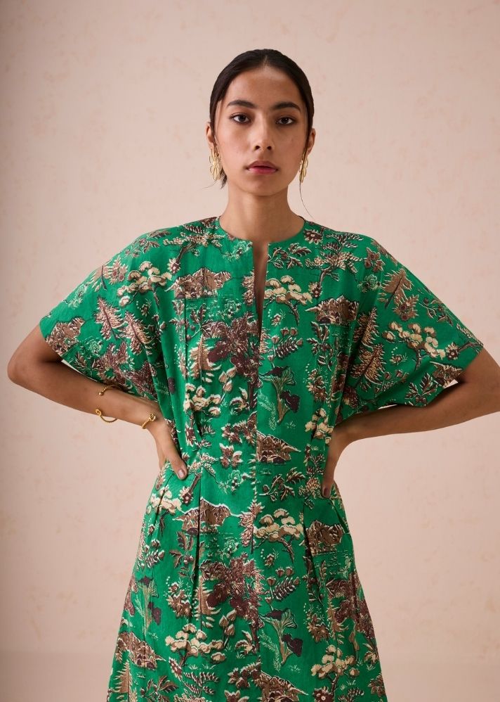 A Model Wearing Green Poplin Green Fields Organic Cotton Midi Dress, curated by Only Ethikal