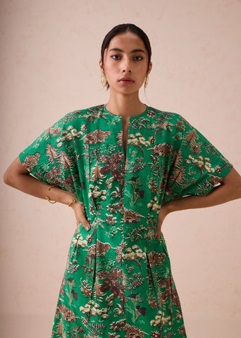 A Model Wearing Green Poplin Green Fields Organic Cotton Midi Dress, curated by Only Ethikal
