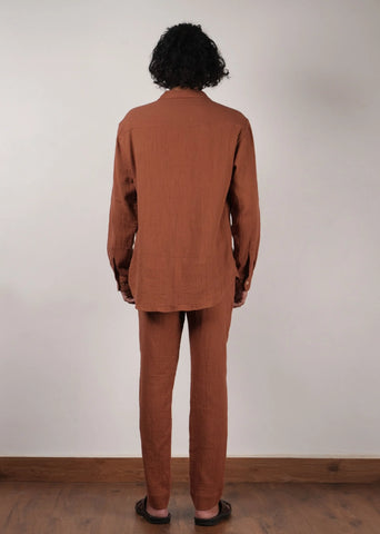 Men'S Brown Crush Cotton Pocket Shirt & Pant Set (2 Pcs)