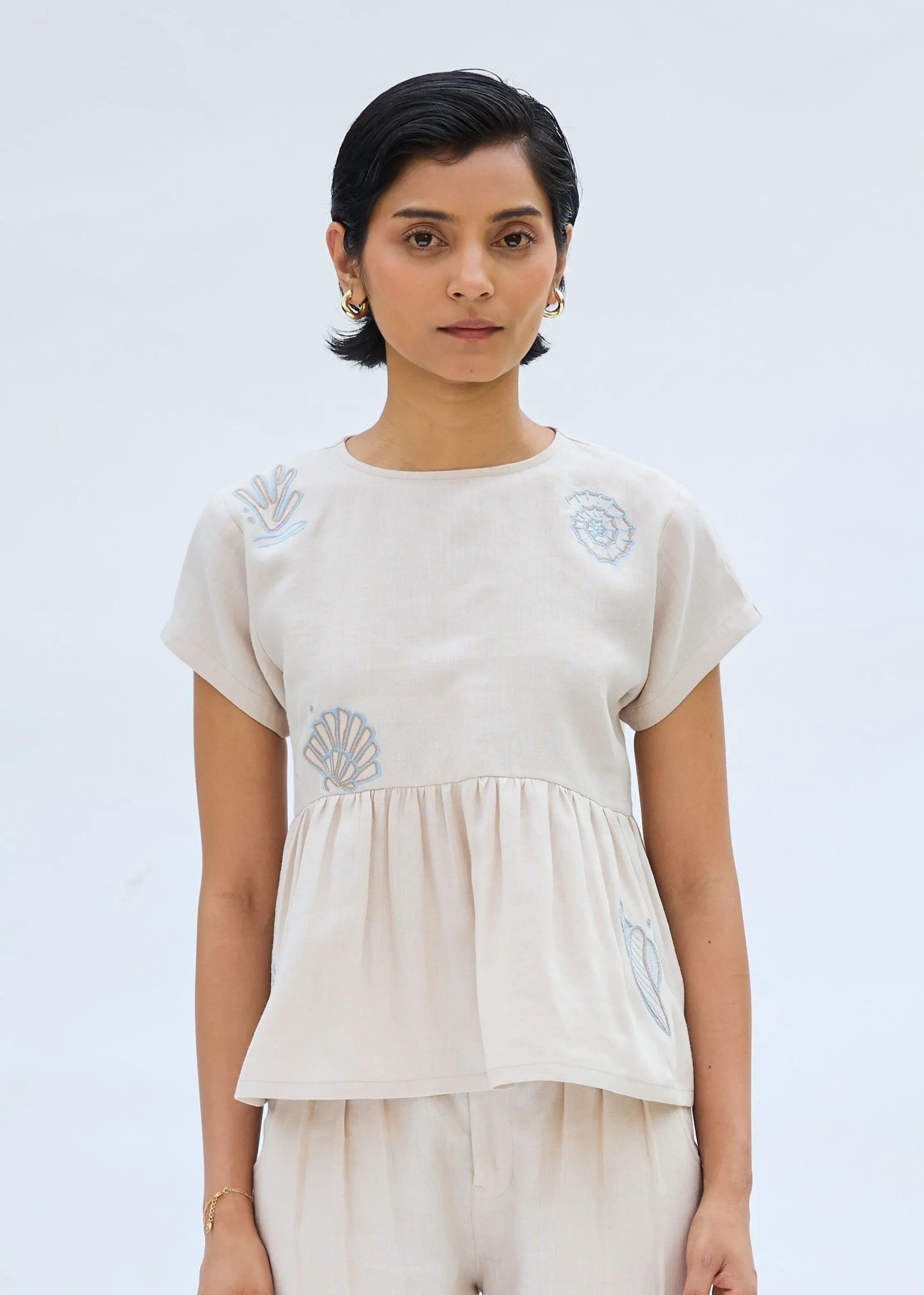 A Model Wearing Off White Linen Sea Soul Linen Top, curated by Only Ethikal