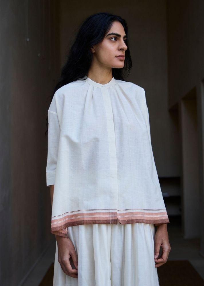 A Model Wearing White Handwoven Cotton Pele Handwoven Striped Top , curated by Only Ethikal