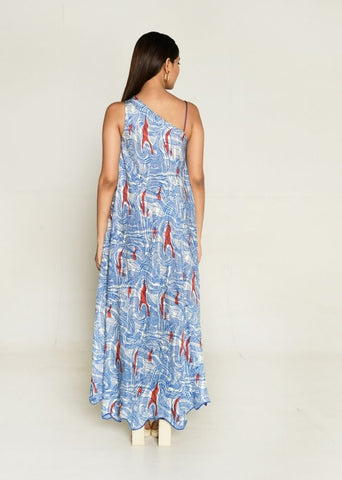 A Model Wearing Multicolor Cotton Bemberg Ponzo One Shoulder Maxi, curated by Only Ethikal