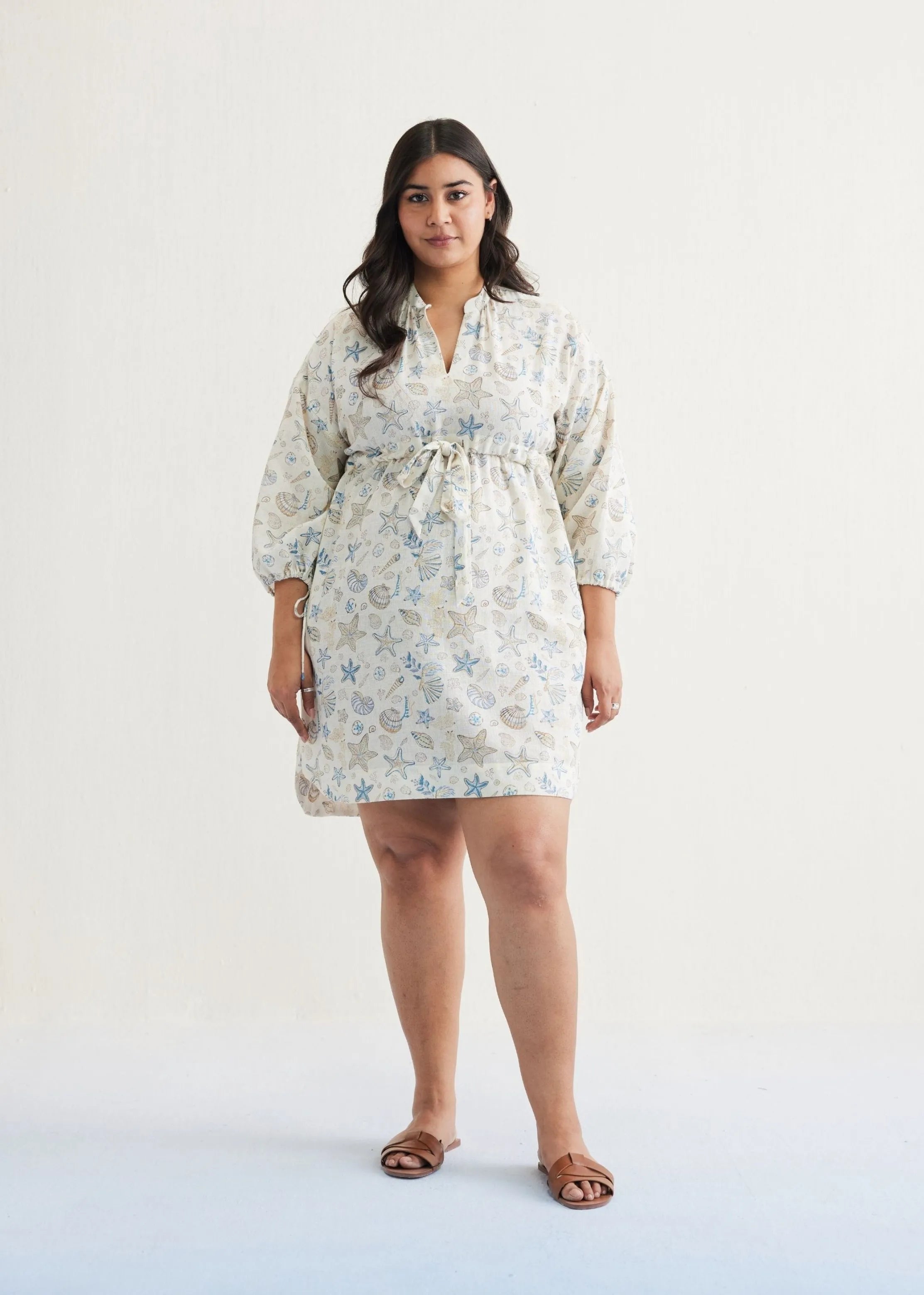 A Model Wearing Off White Handwoven Cotton The Marine Cotton Off-White Short Dress, curated by Only Ethikal