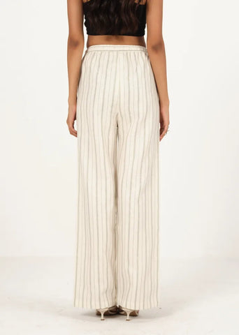 A Model Wearing Off-White Linen Off White Linen Striped Drawstring Pant, curated by Only Ethikal