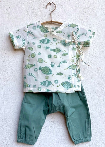 Unisex Organic Fish Print Angarakha Top & Mint Pants