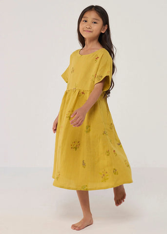 Kids Rasa Floral Printed Linen Dress- Ochre
