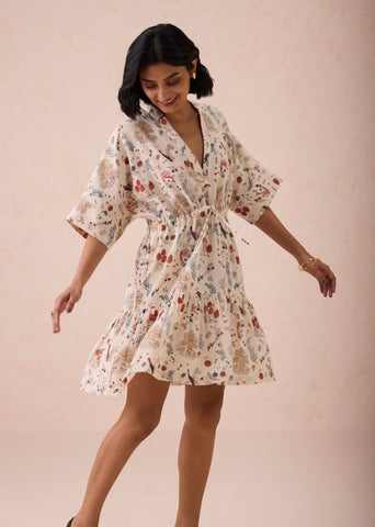 A Model Wearing White Handwoven Cotton Forest Bloom Kala Cotton Dress, curated by Only Ethikal