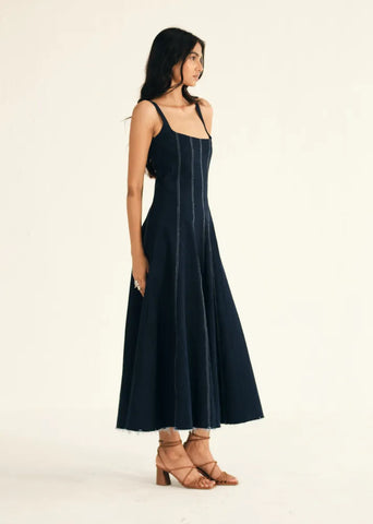 A Model Wearing Blue Denim Blue Denim Midi Dress, curated by Only Ethikal