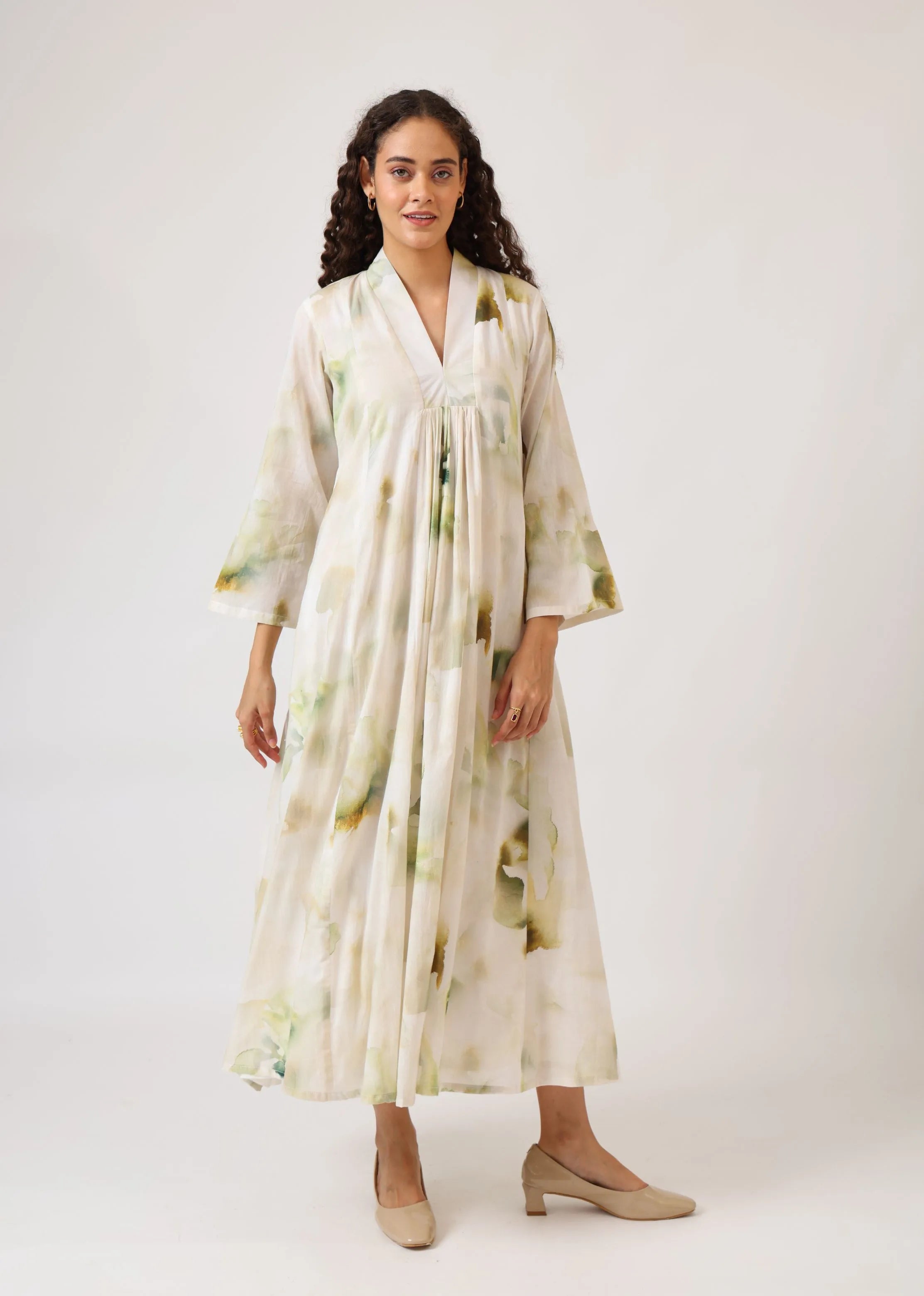 A Model Wearing Multicolor Mulmul Cotton Verdant Muse Panel Dress, created by Only Ethikal