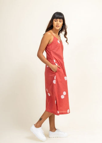 A Model Wearing Peach Upcycled Cotton Coral Slip Dress, curated by Only Ethikal