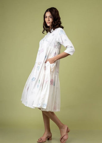 A Model Wearing White Upcycled Cotton Seville Embroidered Dress, curated by Only Ethikal
