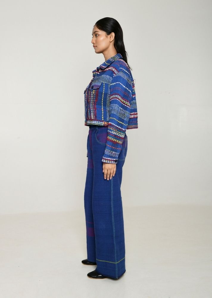 A Model Wearing Multicolor Handwoven Cotton Recycle Hana Jacket, curated by Only Ethikal