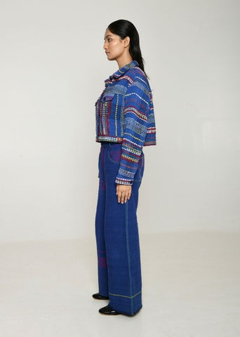 A Model Wearing Multicolor Handwoven Cotton Recycle Hana Jacket, curated by Only Ethikal
