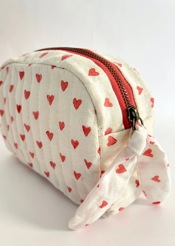 Sustainable Quilted Cotton Travel Pouch- Organizer- Red Hearts On White
