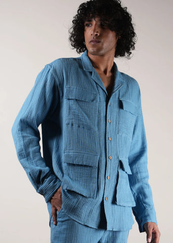 Men'S Pocket Crush Cotton Blue Shirt