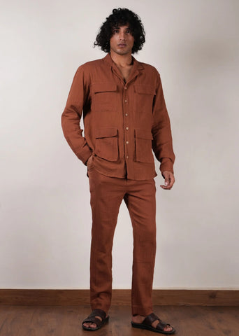 Men'S Brown Crush Cotton Pocket Shirt & Pant Set (2 Pcs)