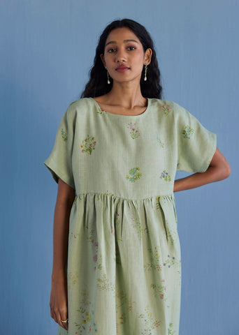 Rasa Floral Printed Sheer Linen Dress - Mint