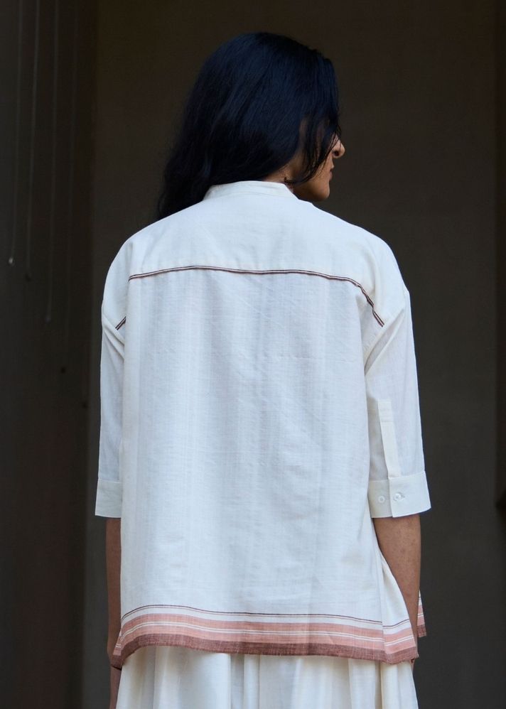 A Model Wearing White Handwoven Cotton Pele Handwoven Striped Top , curated by Only Ethikal