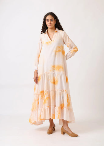 A Model Wearing Multicolor Mulmul Cotton Blush Bloom Tiered Dress, created by Only Ethikal