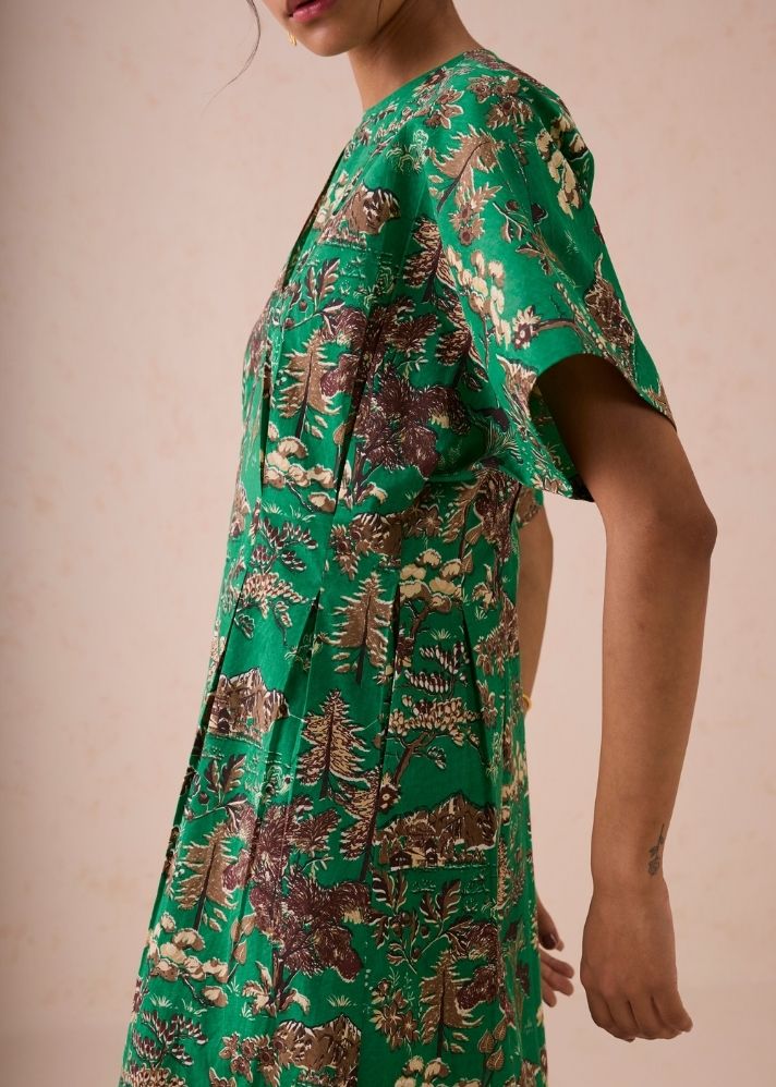 A Model Wearing Green Poplin Green Fields Organic Cotton Midi Dress, curated by Only Ethikal