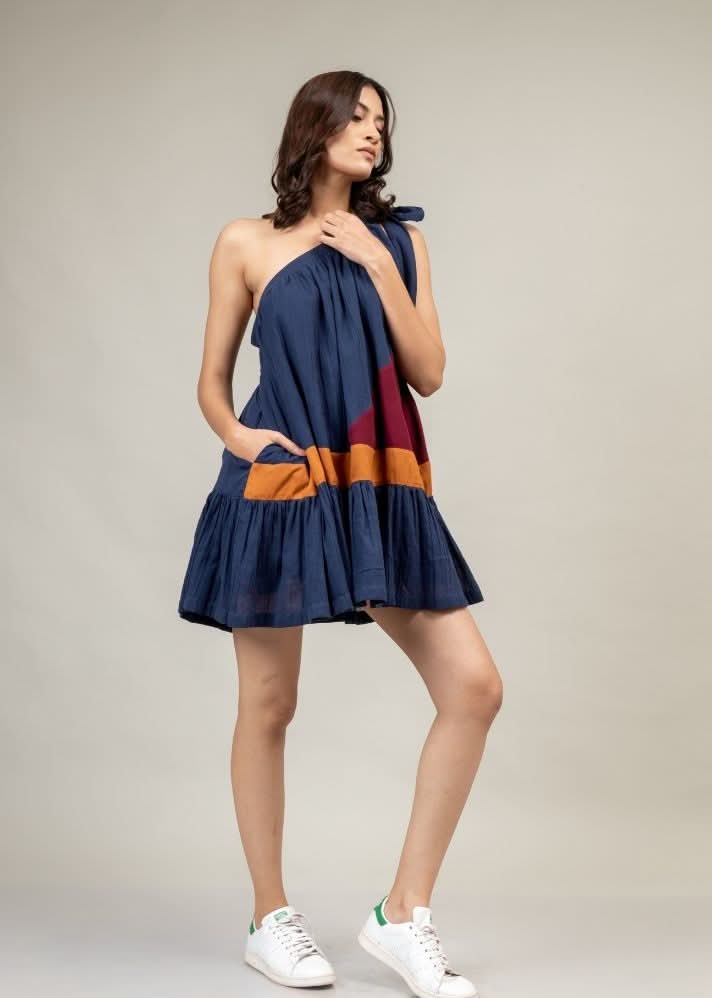 A Model Wearing Blue Upcycled Cotton Daryl Panelled Dress, curated by Only Ethikal