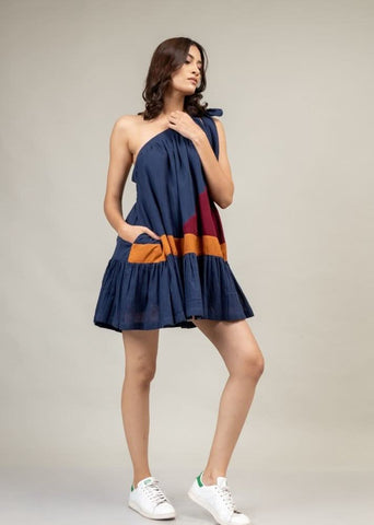 A Model Wearing Blue Upcycled Cotton Daryl Panelled Dress, curated by Only Ethikal