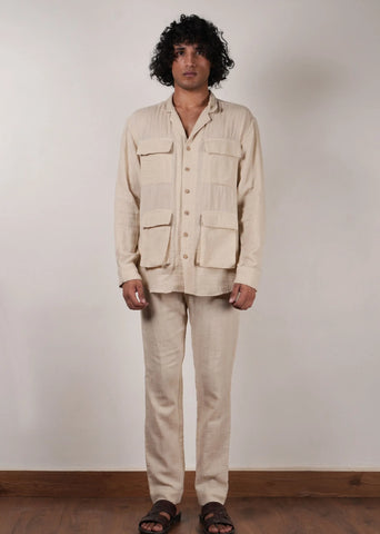 Men'S Cream Crush Cotton Pocket Shirt & Pant Set (2 Pcs)