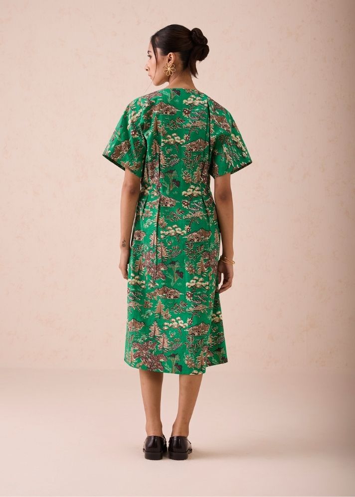 A Model Wearing Green Poplin Green Fields Organic Cotton Midi Dress, curated by Only Ethikal