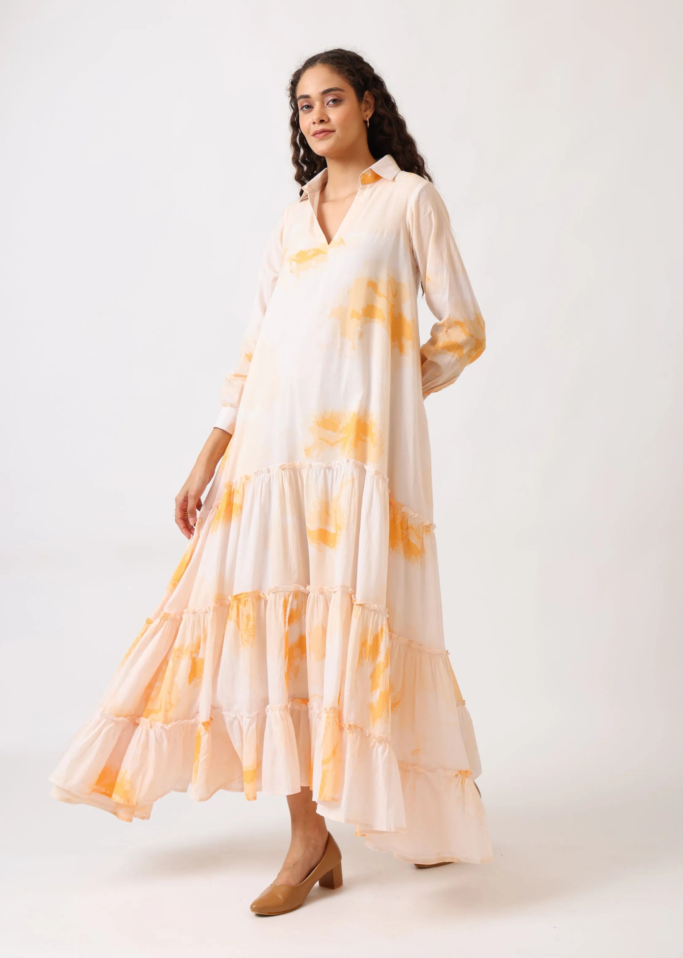A Model Wearing Multicolor Mulmul Cotton Blush Bloom Tiered Dress, created by Only Ethikal