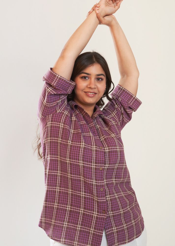 A Model Wearing Purple Handwoven Cotton Purple Garden Shirt, curated by Only Ethikal