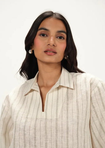 A Model Wearing Off-White Linen Off White Linen Striped Collar Neck Top, curated by Only Ethikal