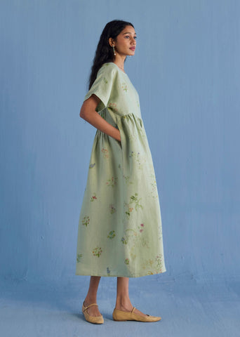 Rasa Floral Printed Sheer Linen Dress - Mint