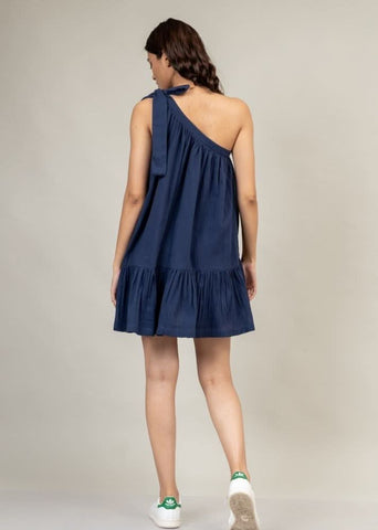 A Model Wearing Blue Upcycled Cotton Daryl Panelled Dress, curated by Only Ethikal