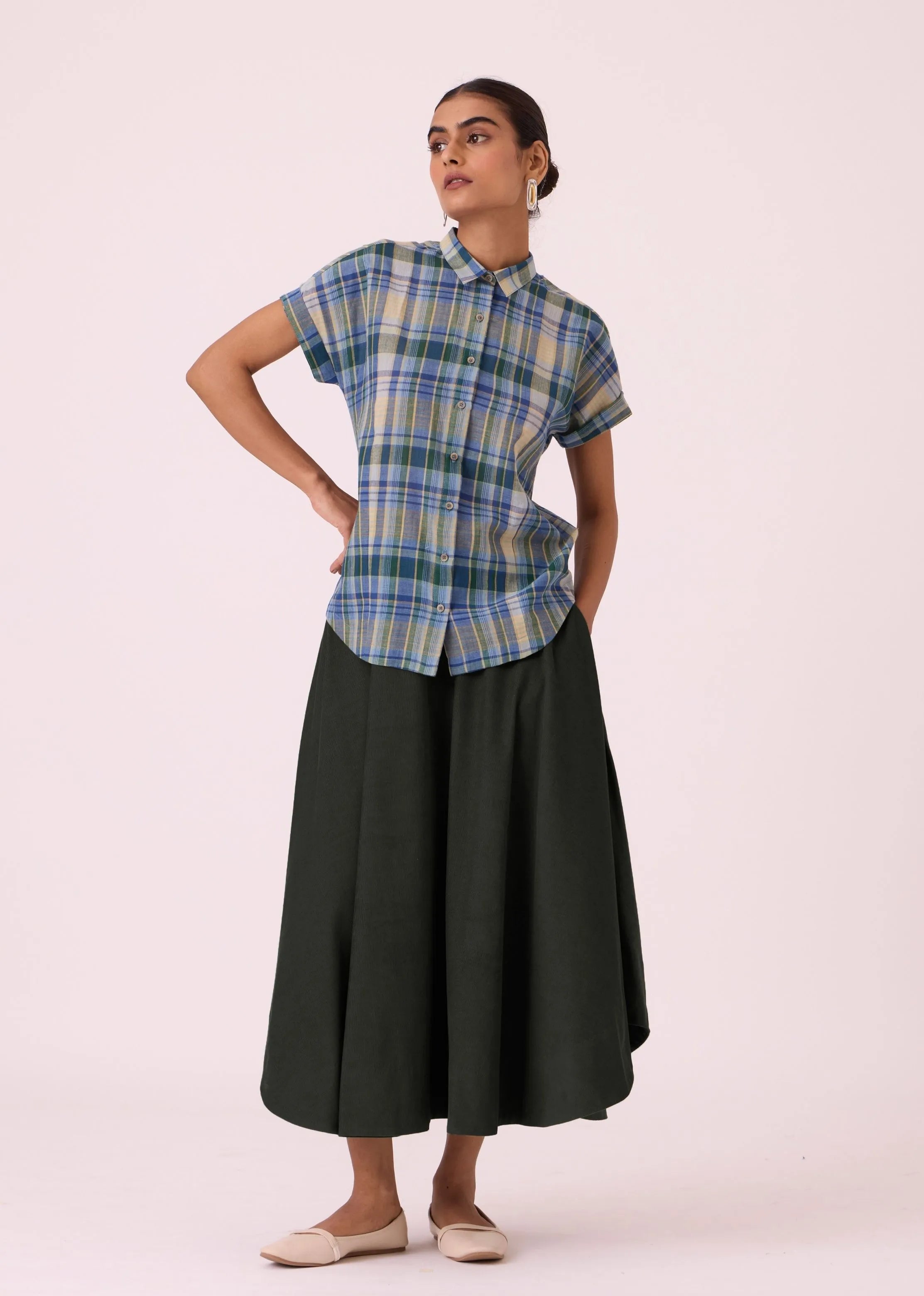 A Model Wearing Olive Pure Cotton Boga Green Corduroy Skirt, curated by Only Ethikal
