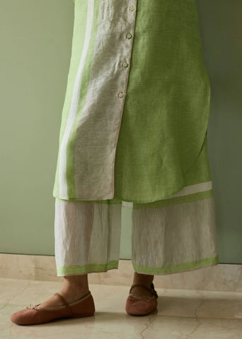 Mori Border Linen Shirt Kurta Set- Meadow