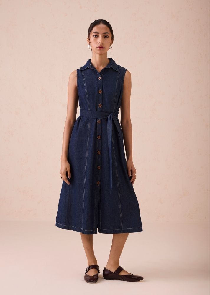 A Model Wearing Blue Denim The Sunrise Denim Midi Dress, curated by Only Ethikal
