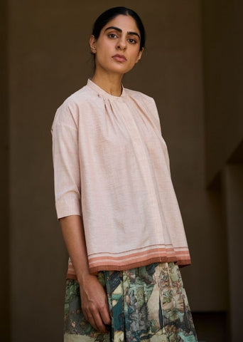A Model Wearing Pink Handwoven Cotton Pele Handwoven Pink Striped Top , curated by Only Ethikal