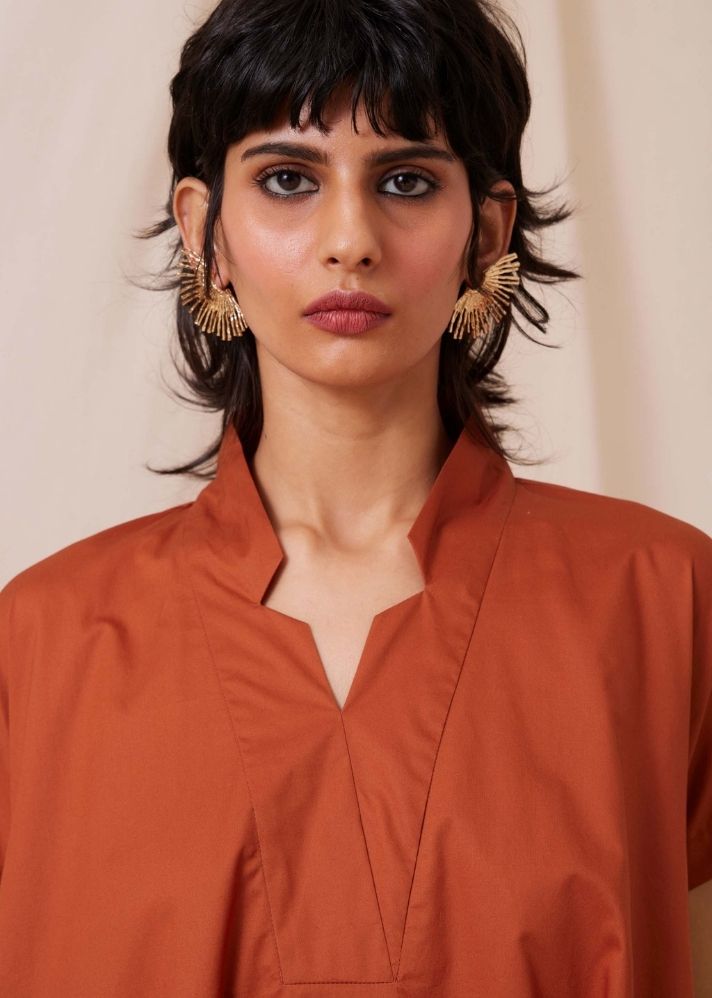 A Model Wearing  Cotton Pina Rust Cotton Dress, curated by Only Ethikal