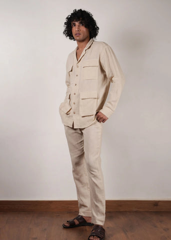 Men'S Cream Crush Cotton Pocket Shirt & Pant Set (2 Pcs)
