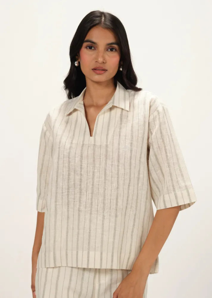 A Model Wearing Off-White Linen Off White Linen Striped Collar Neck Top, curated by Only Ethikal