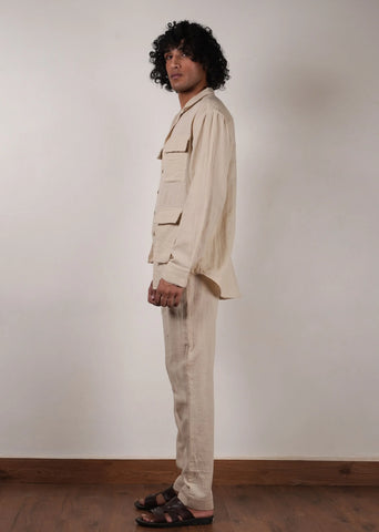 Men'S Cream Crush Cotton Pocket Shirt & Pant Set (2 Pcs)