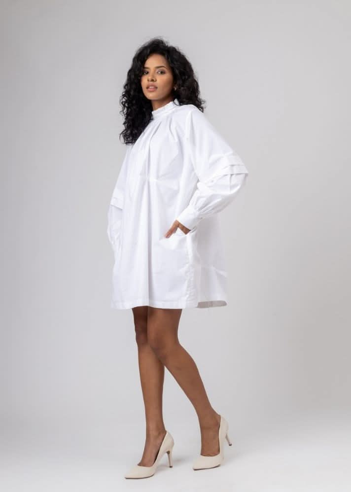 A Model Wearing White Upcycled Cotton Alice White Dress, curated by Only Ethikal