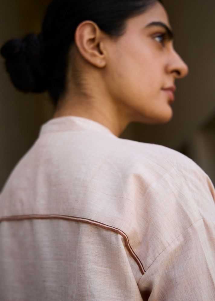 A Model Wearing Pink Handwoven Cotton Pele Handwoven Pink Striped Top , curated by Only Ethikal