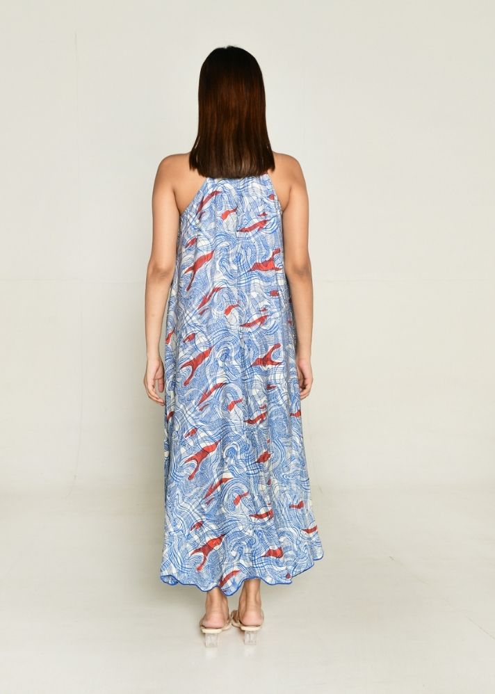 A Model Wearing Multicolor Cotton Bemberg Ponzo Halter Neck Maxi, curated by Only Ethikal
