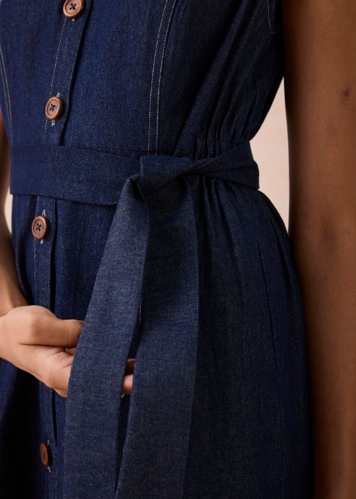 A Model Wearing Blue Denim The Sunrise Denim Midi Dress, curated by Only Ethikal