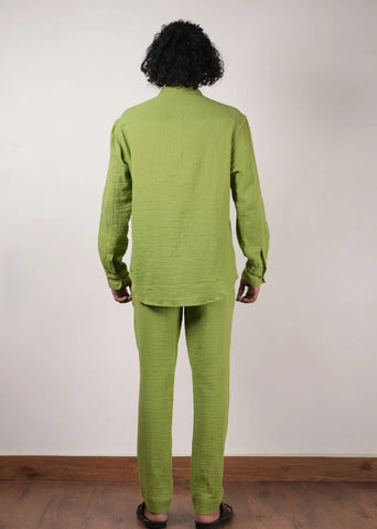 Men'S Green Crush Cotton Pocket Shirt & Pant Set (2 Pcs)