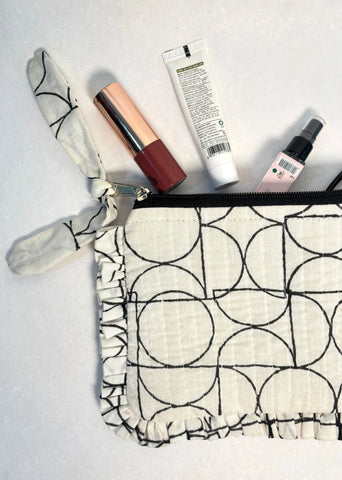 Sustainable Quilted Cotton Travel Pouch- Black & White Flat Frill Organizer
