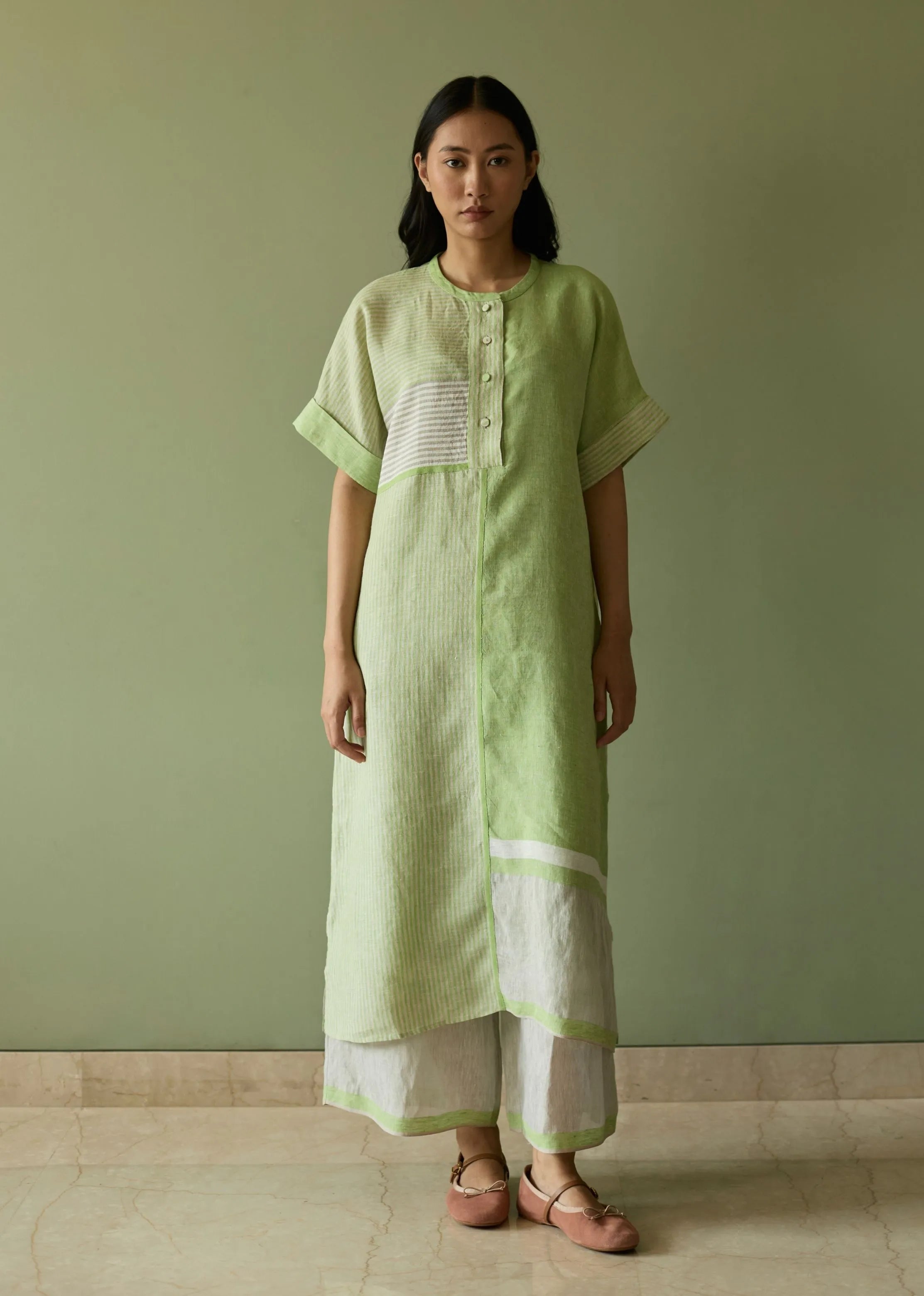 A Model Wearing Green Linen Pira Stripe Linen Tunic Kaftan Set- Meadow, curated by Only Ethikal