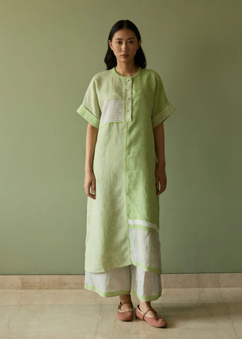 A Model Wearing Green Linen Pira Stripe Linen Tunic Kaftan Set- Meadow, curated by Only Ethikal